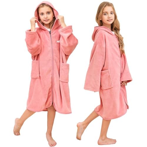 Hiturbo Kids Bath Towel Hoodie: Soft Plush Zipper Surf Poncho - Warm Fleece Changing Towels Swimming Outerwear (Pink)