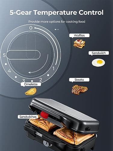 AMEGAT 3 in 1 Sandwich Maker, Waffle Maker with Removables Plates, Panini Press Waffle Iron Set with 5-gear Temperature Control, Non-stick Coating Cool Touch Handle Anti-skid Feet for Breakfast, 1200W 5
