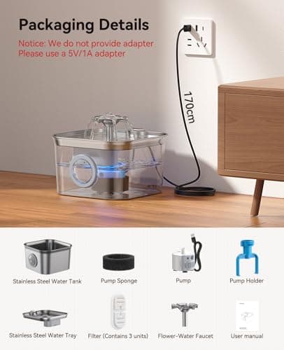 Stainless Steel Cat Water Fountain, 2.8L with 20dB Ultra-Quiet Pump- Ideal for Timid Pets, LED Water Level Window, Dishwasher Safe, 24/7 Circulation- Includes 3 Replacement Filters 8