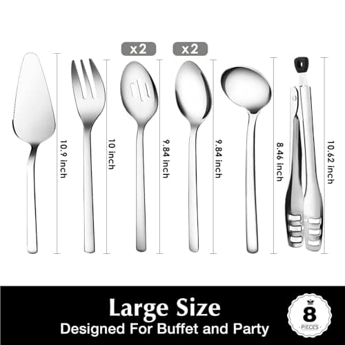 KINGSTONE Large Hostess Serving Utensils Set, 18/10 Stainless Steel Heavy Duty 10-inch Serving Utensils, Slotted Spoons, Forks, Tongs, Cake Pie Server for Buffet, Wedding, Party 5