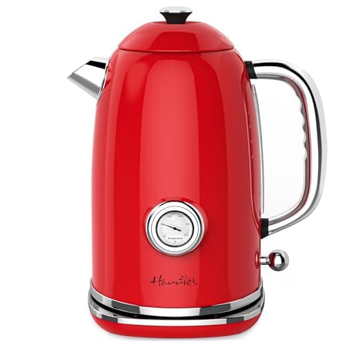 Electric Kettle, 1.8L Hot Water Boiler Electric with Thermometer, 1500W Stainless Steel Retro Electric Water Kettle, Auto Shut-Off & Boil Dry Protection, Red