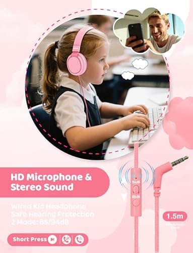MIDOLA Kids Headphone Wired Volume Limited 85/94dB Over-Ear/On-Ear Foldable Headset with Microphone Hearing Protection Headphones for Toddler Boy Girl Child School Learning Pad Tablet Pink 7