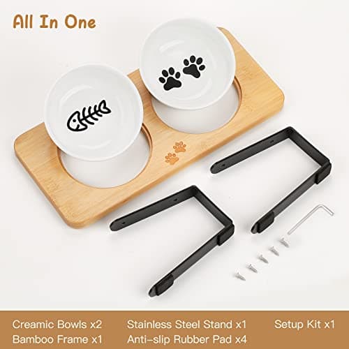 Ceramic Elevated Cat Bowls with 10° Tilted, Anti Vomiting & Whisker Friendly Food and Water Bowls with Bamboo Stand(Anti-Slip Feet), Raised Cat Food Bowls for Indoor Cats & Puppies, Dishwasher Safe 8