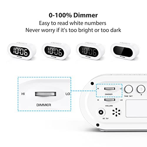 REACHER Small LED Digital Alarm Clock with Snooze, Simple to Operate, Full Range Brightness Dimmer, Adjustable Alarm Volume, Outlet Powered Compact Clock for Bedrooms, Bedside, Desk, Shelf(White) 5