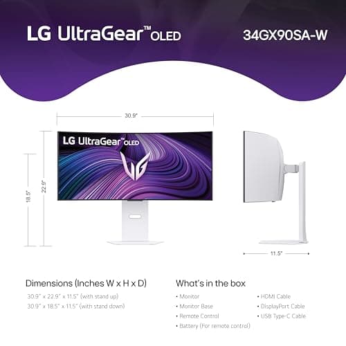 LG 34GX90SA-W 34-inch Ultragear WQHD (3440 x 1440) OLED Curved Gaming Monitor 240Hz, 1ms, NVIDIA G-Sync Compatible, AMD FreeSync Premium, VESA DisplayHDR True Black 400, webOS, USB Type-C, White 19
