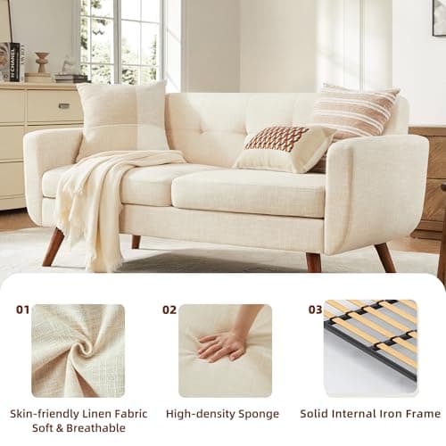 Tbfit 65" W Loveseat Sofa, Mid Century Modern Decor Love Seat Couches for Living Room, Button Tufted Upholstered Small Couch for Bedroom, Solid and Easy to Install Love Seats Furniture, Beige 7