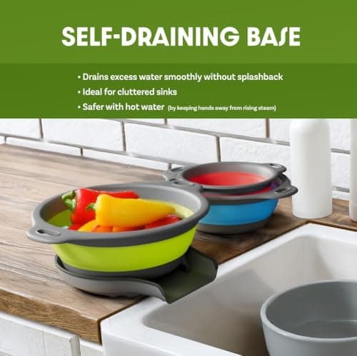 Gevoli Collapsible Colanders with Self-Draining Base for Edge of Sink, Food Strainers (Small/Med/Large), Nested Design for Easy Storage (Red, Blue, Green) (4PC Set) 3
