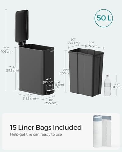 SONGMICS Slim Trash Can, 13-Gallon (50 L) Garbage Can for Narrow Spaces with Soft-Close Lid, Inner Bucket, and Step-on Pedal, Stainless Steel, 15 Trash Bags Included, Black ULTB510B48 6