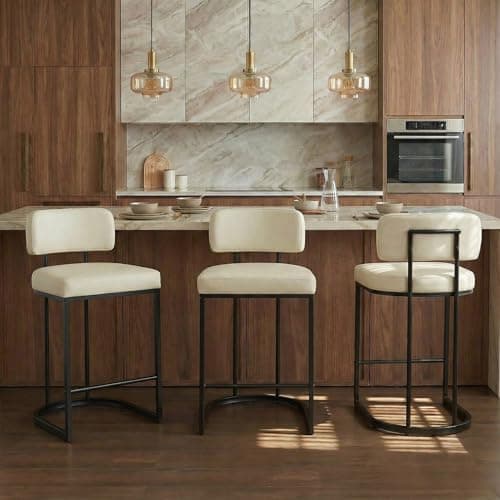 26" H Counter Height Bar Stools Set of 3, Modern Faux Leather Upholstered Barstools with Backrest for Kitchen Island, Black Metal Frames, Cream