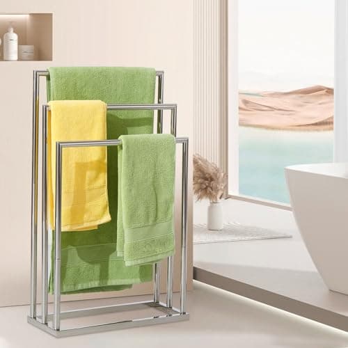 Free Standing Towel Racks for Bathroom, 3 Tier Stainless Steel Bathroom Towel Rack, Towel Drying Rack Stand for Outdoor Poolside, Blanket Holder, Chrome, DECLUTTR 7