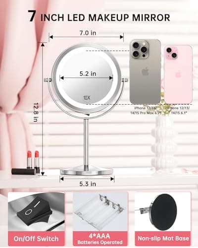 Gospire 7" Lighted Makeup Mirror with Magnification 10X/1X Double Sided, Round Magnifying LED Vanity Standing Cosmetic Shaving Mirror with Battery Operated, Cordless Portable for Bathroom Bedroom 2