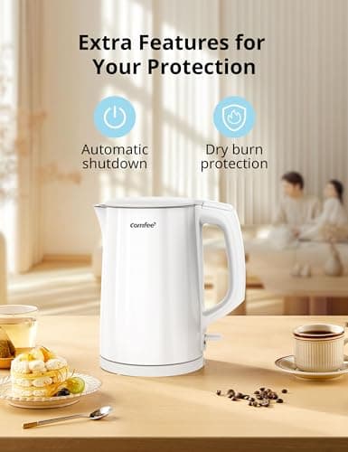 COMFEE' Electric Kettle and Tea Kettle, 1.5L Double Wall, Stainless Steel Interior, Lid & Spout, Fast Boil, Auto-Off, and Boil-Dry Protection, 1500W 6