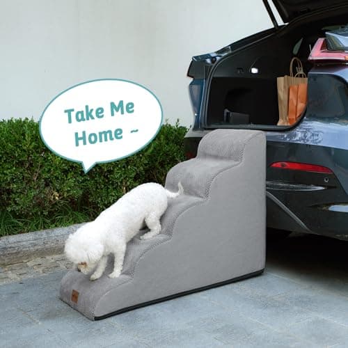 COZY KISS Dog Stairs for Small Dog 22.6" H, Curved Pet Step for Puppy, Older Cat, Medium Pet Ramp for High Bed, Ladder with High Density Foam, Durable, 5 Step, 15.7x33x22.6 inch, Grey 8