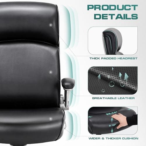 COLAMY High Back Office Chair Big and Tall 300lbs, Ergonomic Desk Armchair with Adjusatble Lumbar Support, Upgraded Casters, Flip-Up Padded Arms, Leather Home Chair with Thick Cushion-Black 7