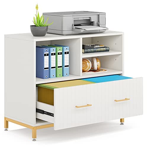 Tribesigns Lateral File Cabinet with Drawer, White Filing Cabinet for Letter/Legal/A4 Size Files, 35.4" Modern Wood File Storage Cabinets Printer Stand with Storage for Home, Office, White Gold 8