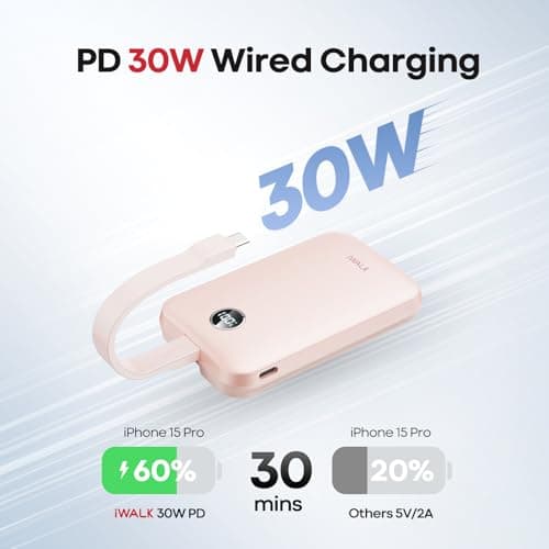iWALK Magnetic Power Bank 10000mAh, 30W Wireless Portable Charger with Fast Charging USB-C Cable,Qi2 Certified 15W Battery Pack with LED Display for iPhone 17/16/16 Pro/15/14/13 Series, Samsung Galaxy 2