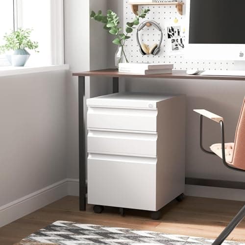 Guizeeopo 3 Drawer File Cabinet with Lock, File Cabinets for Home Office,Under Desk Cabinet, Locking File Cabinet for A4/Letter/Legal, Fully Assembled Expect Casters, Matte White 8