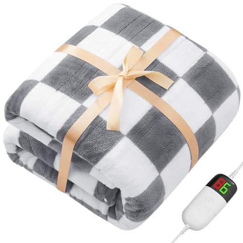 Heated Electric Blanket Throw, 50X60 Heating Blanket with 10 Heat Level & 8 Hour Auto Off for Lap, Light Gray Checkered Plaid Sherpa Blankets Warmer Gift for Couch Grandma Women Adults Washable 9