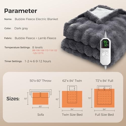 Heated Blanket Throw, Fast Heating Blanket Throw with 1/2/4/6/9/12 Hours Auto-Off 8 Heat Level, 50'' * 60'' Cozy Faux Rabbit Fur Bubble Blanket, Soft Fluffy Warm Blanket(Dark Grey) 6