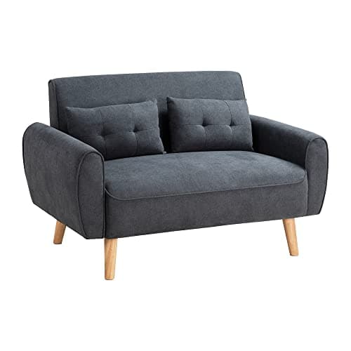 Shintenchi 47" Small Modern Loveseat Couch Sofa, Fabric Upholstered 2-Seat Sofa, Love Seat Furniture with 2 Pillows, Wood Leg for Small Space, Living Room, Bedroom, Apartment, Dark Grey 6