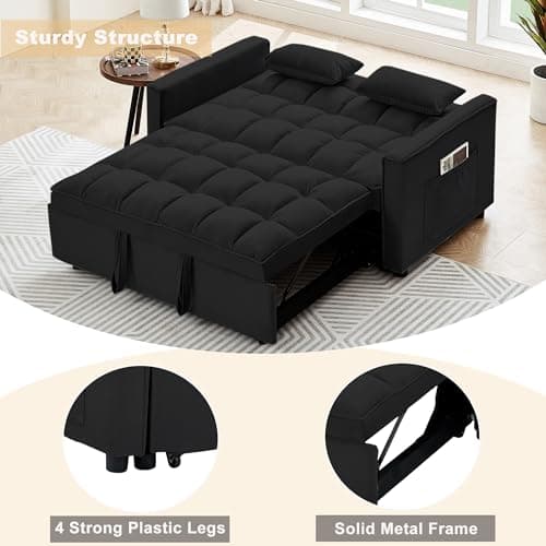 Tmsan 55.2" Loveseat Pull Out Couch, 3 in 1 Velvet Convertible Sleeper Sofa Bed for Living Room, Small Love Seat Futon Sofa Bed with Reclining Backrest, Toss Pillows, Side Pockets for Small Spaces 6