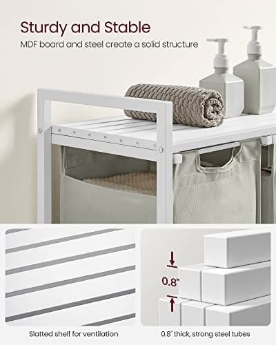 VASAGLE Laundry Hamper, Laundry Basket, Laundry Sorter with 3 Pull-Out and Removable Bags, Shelf, Metal Frame, 3 x 10.6 Gallons (40 L), 36.4 x 13 x 28.4 Inches, Cream White and Cloud White UBLH301W01 5