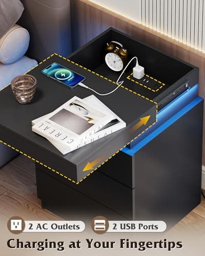 WLIVE Black Nightstand with Charging Station & LED Lights, Modern Night Stand with 3 Drawers and Sliding Top, Bedside Table End Table with Hidden Space for Bedroom, Living Room, Black 5