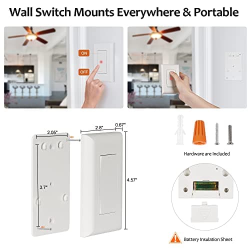 SURAIELEC Wireless Light Switch and Receiver Kit, 15A High Power, No Wiring, No Interference, 100ft RF Range, Expandable Remote Control Wall Switches for Lamp, Ceiling Light, Fan, Outdoor Lighting 6