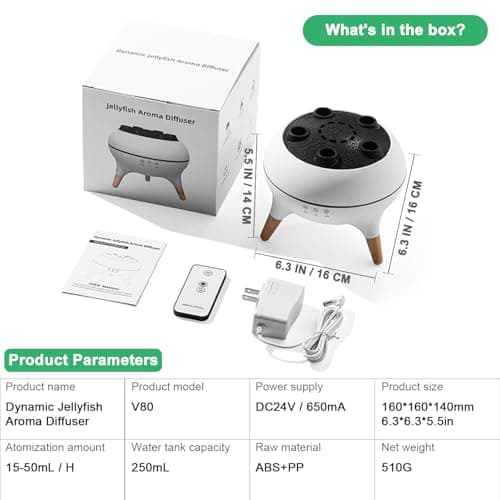 Holwim Essential Oil Jellyfish Diffuser, Aromatherapy Diffuser, 250ml Ultrasonic Cool Mist Humidifier, Music Sync Jelly Fish Diffuser with 7 Colors Light, Remote, Timer for Home Office (White) 8