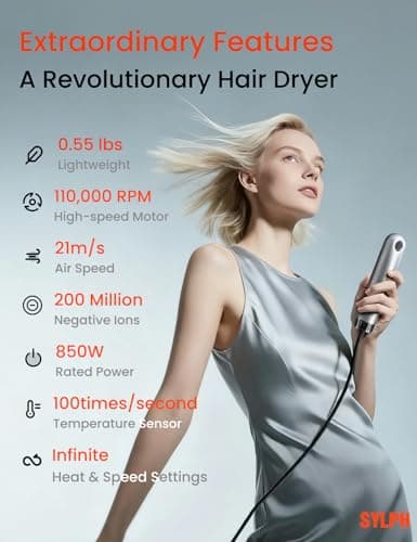 SYLPH Mini High-Speed Hair Dryer, 110,000 RPM Fast Drying Portable Blow Dryer, 0.55lb Ultra-Lightweight, 200M Negative Ions & Smart Temp Control, Travel Hairdryer for Home, Gym & Hotel (Dark Silver) 6