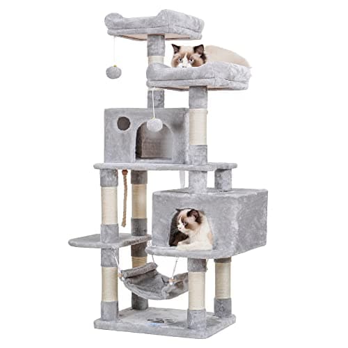 Hey-brother Multi-Level Cat Tree Condo Furniture with Sisal-Covered Scratching Posts, 2 Plush Condos, Perch Hammock for Kittens, Cats and Pets, Light Gray MPJ020-SW