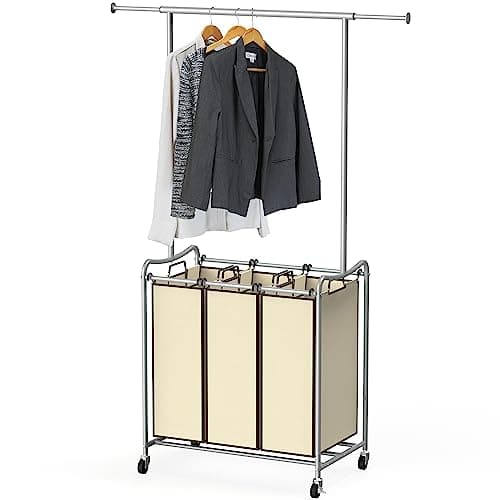 Deco Brothers Heavy Duty 3 Bag Extendable Laundry Sorter Cart with Hanging Bar, Beige