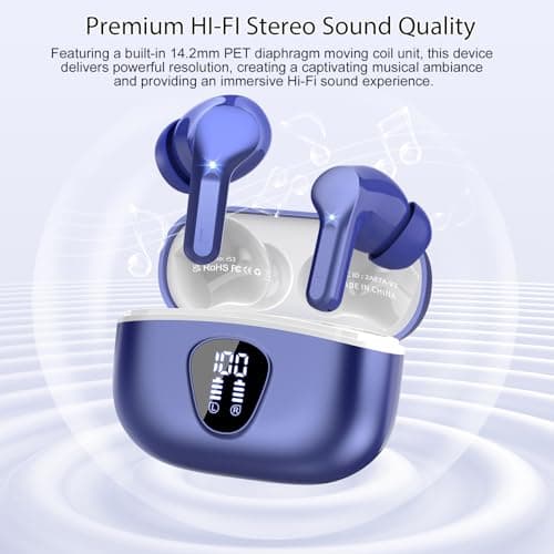 Wireless Earbuds, Bluetooth 5.4 Headphones HiFi Stereo, Bluetooth Earbuds with ENC Noise Cancelling Mic, IP7 Waterproof in Ear Earphones, 48H, LED Display Ear Buds for Pad Phones Workout Sports, Blue 5