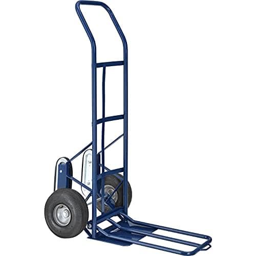 Global Industrial General Purpose Steel Hand Truck with Curved Handle & Stair Climbers, 10" Diameter Pneumatic Wheels, 14" W x 10" L Noseplate, 600 Lb. Capacity