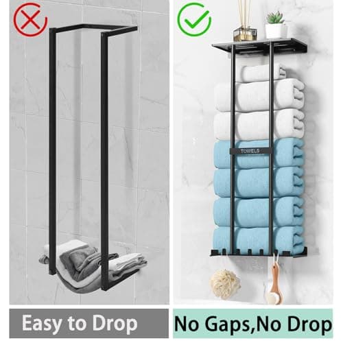 Towel Rack with Shelf with 5 Hooks, Metal Towel Racks for Bathroom Wall Mounted, Wall Towel Storage Holder 30In, Can Holds 6 Large Towels, Bath Towel Rack for Rolled Towels (Black) 5