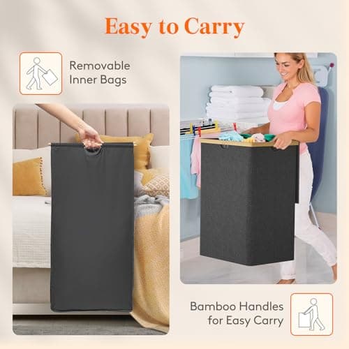 Lifewit 160L Double Laundry Hamper with Lid, Extra Large Bamboo Laundry Basket Dirty Clothes Hamper, 2 Section Laundry Bin Organizer for Laundry Room Bedroom with 2 Removable Liners & Bags, Black 5
