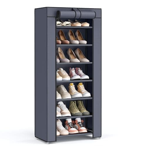 SONGMICS Shoe Rack with Non-Woven Fabric Cover, 7 Tier Storage Shelf for 14-20 Pairs of Shoes, Entryway, Suitable for Sneakers, High Heels, Flats, and Boots, Grey URXJ024G02