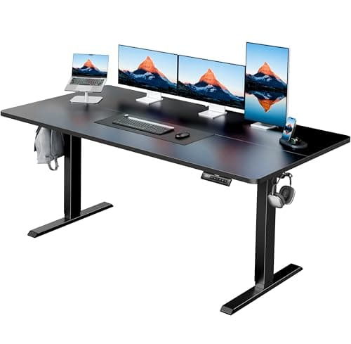 HUANUO 63" x 28" Electric Standing Desk Adjustable Height, 4 Memory Height Settings, Headphone Hook, Cable Manager, Sit Stand Up Desk for Home Office & Computer Workstation, Black