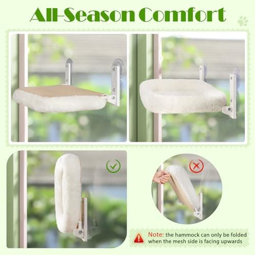 keny Cat Window Perch with Soft Plush Cushion Bed, Cordless Cat Window Hammock with 3.54" Larger Suction Cups, Easy to Assemble Cat Window Bed Seat for Indoor Cats, White 6