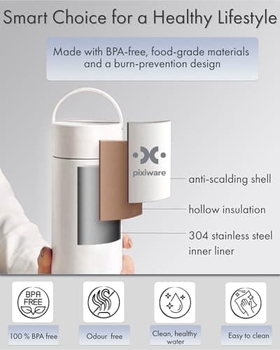 Pixiware Travel Kettle Twist Lid for Hot Water on the Go 450ml – Small Portable Mini Electric Kettle – 4 Smart Temp Presets – Auto Shut-Off – Leak-Resistant – Stainless Steel BPA-Free 304 7