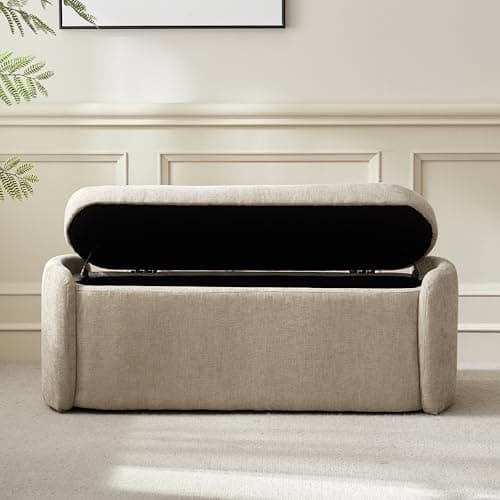 VKNOW 46" Oval Storage Ottoman Bench, Upholstered End of Bed Bench Ottomans Bench Foot Rest, Sherpa Storage Bench for Bedroom, Living Room and Hallway, Light Brown 9