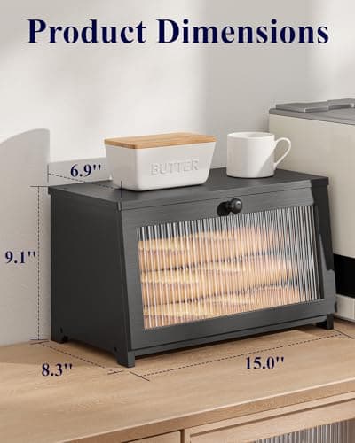 Kitsure Bread Box - Wooden Bread Box for Kitchen Countertop, Large Capacity Kitchen Countertop Organizer, Stylish Bread Storage with Window, Multi-functional Container, Black, 15.0"x8.3"x9.1" (1T) 2