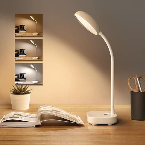 White Small Battery Powered Desk Lamp,Battery operated lamp,5W Rechargeable desk light,3 Colors,Adjustable brightness,360°Gooseneck Hose,Cordless lamps for small spaces,Eye-friendly and Energy Saving
