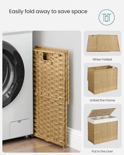 SONGMICS Laundry Hamper with Lid, 42.3 Gallons (160 L), Rolling Laundry Basket with Wheels, 3-Section Synthetic Rattan, Removable Liner, Bedroom, 29.9 x 13 x 26 Inches, Natural ULCB365N01 9