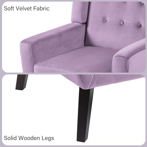 Accent Chair, Mid-Century Modern Velvet Fabric Chairs with Arms for Living Room, Comfy Upholstered Club Single Sofa Armchair for Bedroom Waiting Room with Solid Wood Frame (Velvet Purple, Set of 1) 4