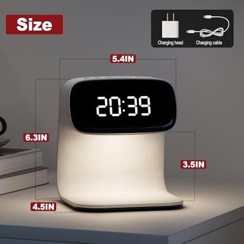 YIDPU Digital Alarm Clock with Wireless Fast Charging Station 15W Touch Smart Lamp for Bedside,3 Colors Nightlight Adjustment Night Lamp for Living Room,Bedside,Heavy Sleepers (White+Cable&Adapter) 6