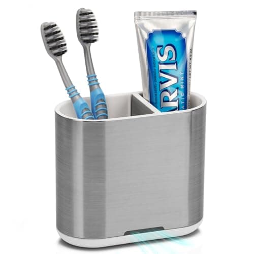 Toothbrush and Toothpaste Holder with Divider for Bathroom Countertop Organizer, 2 Slots Electric Toothbrush Holders Storage Caddy Drainage for Family, Kids (Brushed Silver)