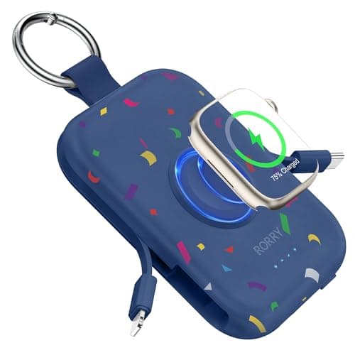 RORRY Portable Charger, 5000mAh Portable Charger Power Bank with Built-in Cables, Travel Keychain Battery Pack for Apple Watch Ultra/11/10/9/8/7/6/SE, iPhone Air/17/16/15/14/13/12, Confetti-Deepblue