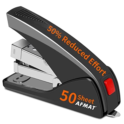 AFMAT Stapler for Desk, 50 Sheet Effortless Desktop Stapler Staple with One Finger, Portable Ergonomic Handheld Staplers Heavy Duty, Built-in Remover, Space Save Size, Good for Home & Office ES10