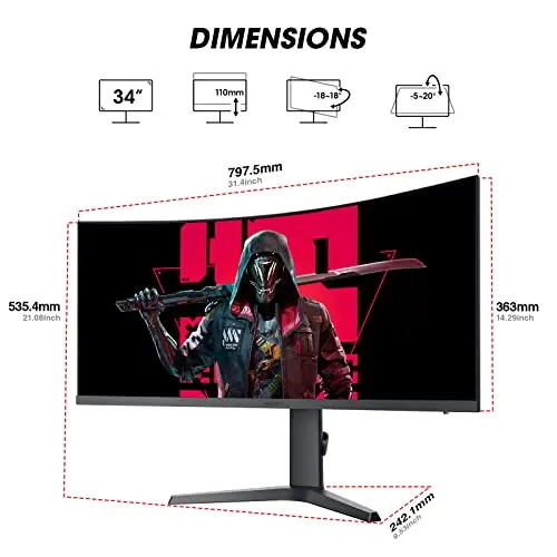 KOORUI 34-inch Ultrawide Curved WQHD 3440×1440 Gaming Monitor, 165Hz 144Hz Curved 1000R- PIP/PBP, 1ms(MPRT) with DisplayHDR 400, FreeSync Premium, 75 * 75mm VESA, HDMI/DisplayPort, 34E6UC 10